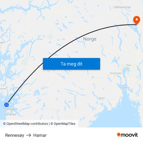 Rennesøy to Hamar map