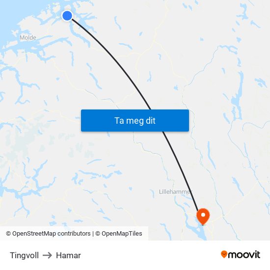Tingvoll to Hamar map