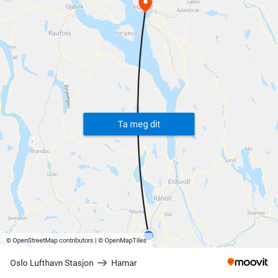 Oslo Lufthavn Stasjon to Hamar map