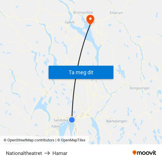 Nationaltheatret to Hamar map