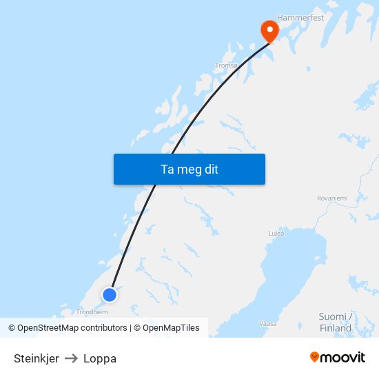 Steinkjer to Loppa map