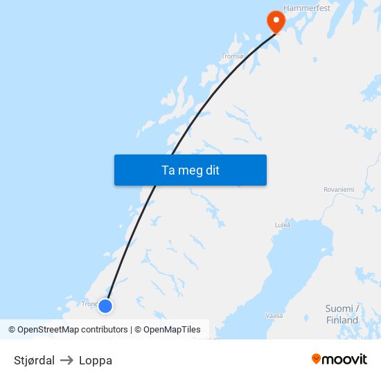 Stjørdal to Loppa map