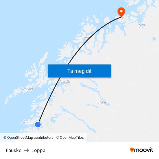 Fauske to Loppa map
