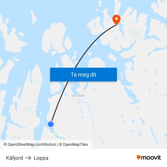 Kåfjord to Loppa map