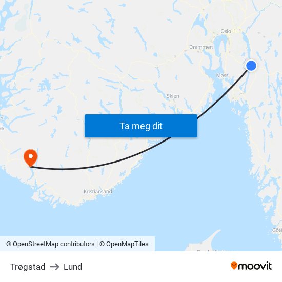 Trøgstad to Lund map