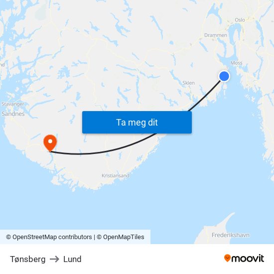 Tønsberg to Lund map