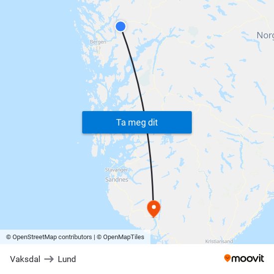 Vaksdal to Lund map