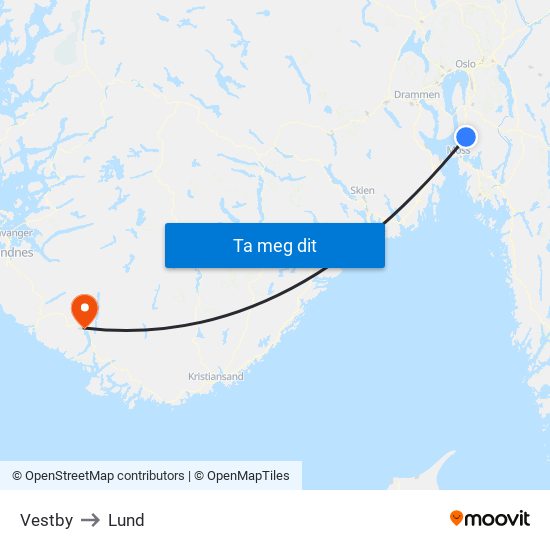 Vestby to Lund map