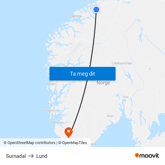 Surnadal to Lund map