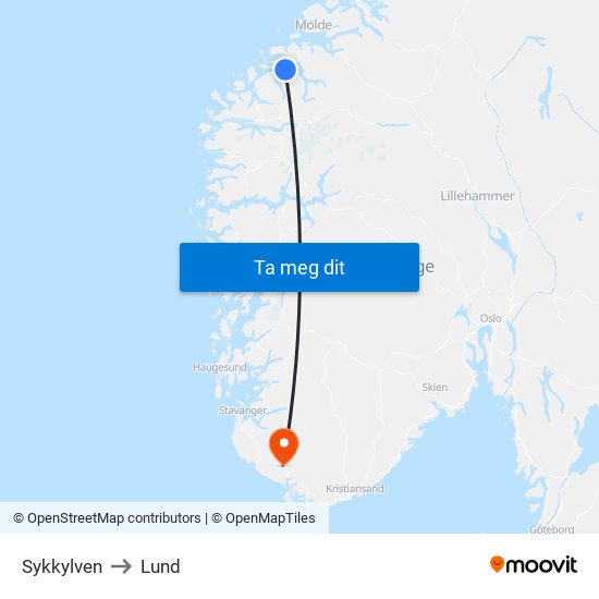 Sykkylven to Lund map