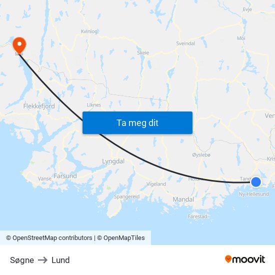 Søgne to Lund map