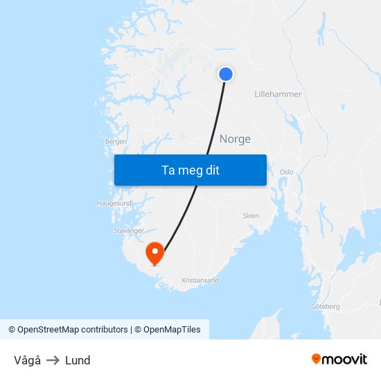 Vågå to Lund map