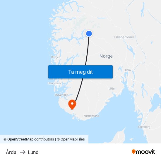 Årdal to Lund map