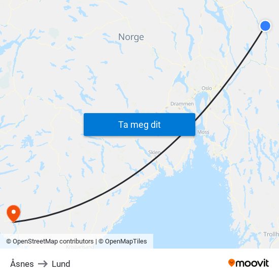 Åsnes to Lund map