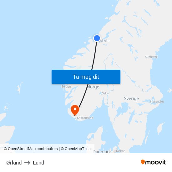 Ørland to Lund map
