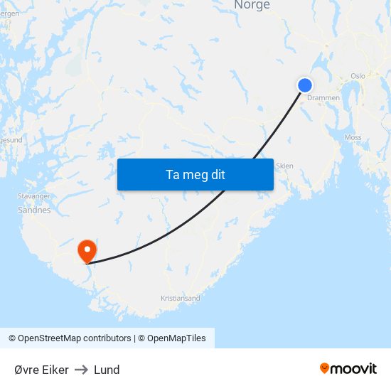 Øvre Eiker to Lund map