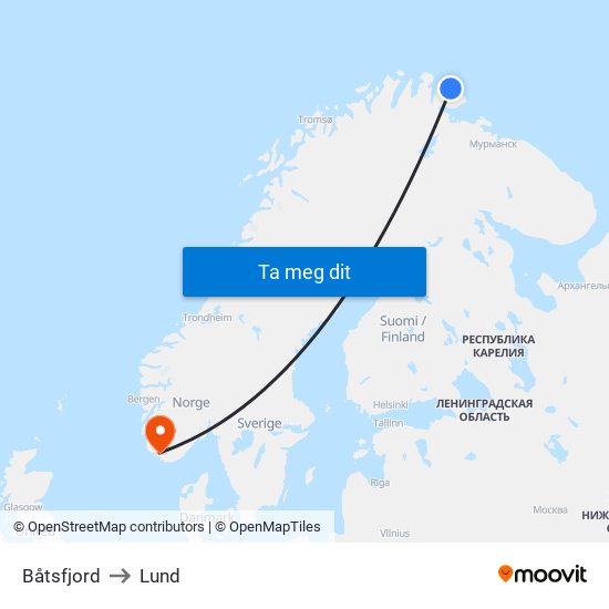 Båtsfjord to Lund map