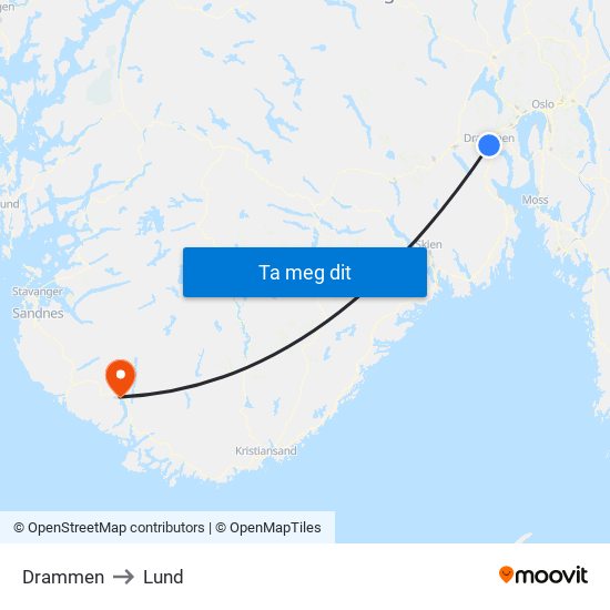 Drammen to Lund map