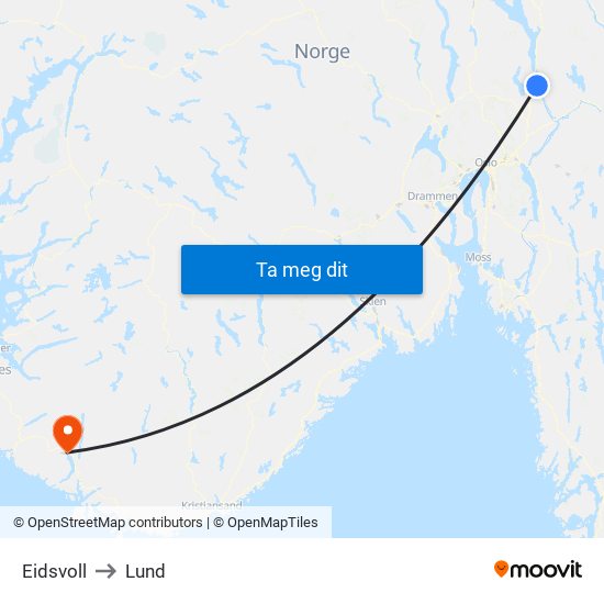 Eidsvoll to Lund map