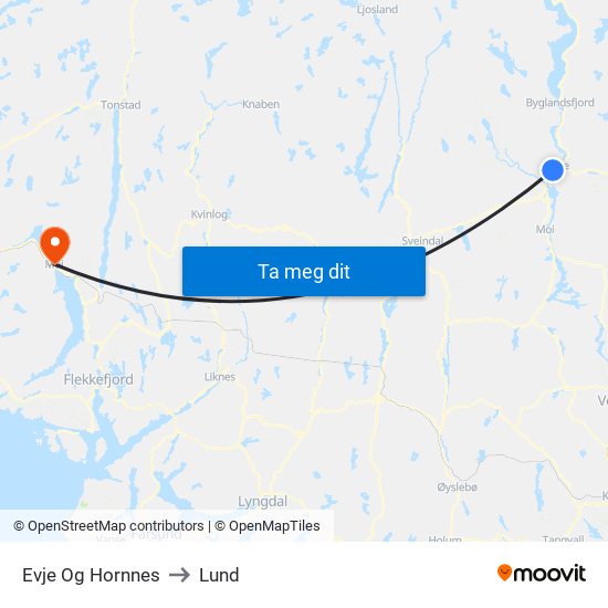 Evje Og Hornnes to Lund map