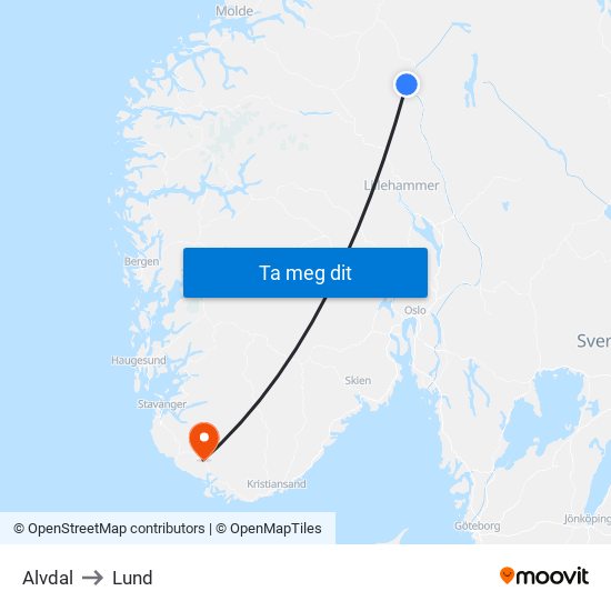 Alvdal to Lund map