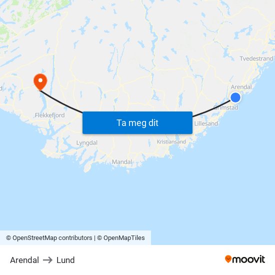 Arendal to Lund map