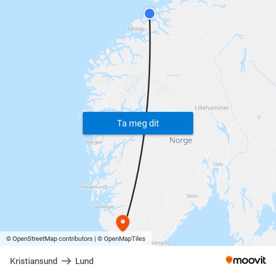 Kristiansund to Lund map