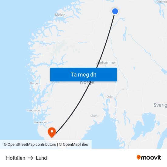 Holtålen to Lund map