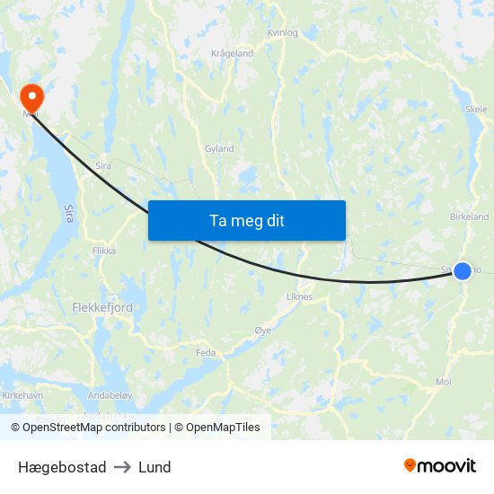 Hægebostad to Lund map