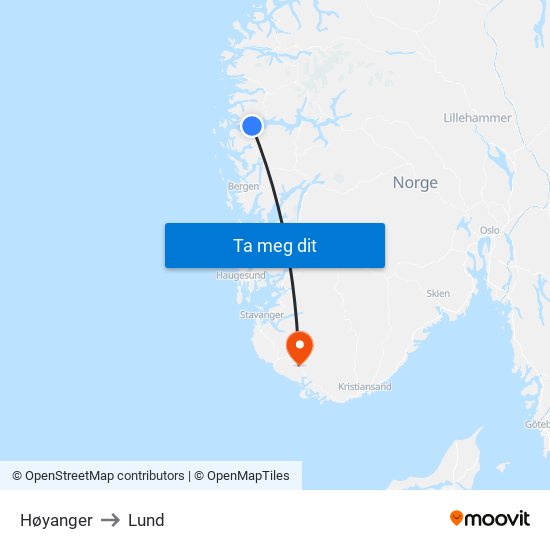 Høyanger to Lund map