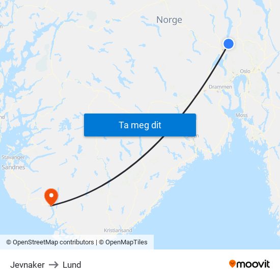 Jevnaker to Lund map