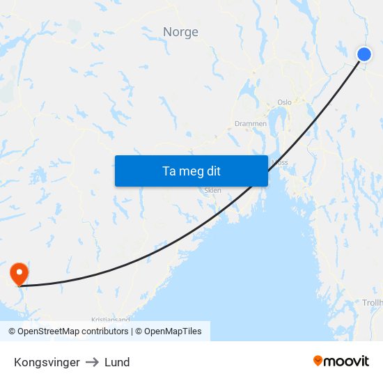 Kongsvinger to Lund map