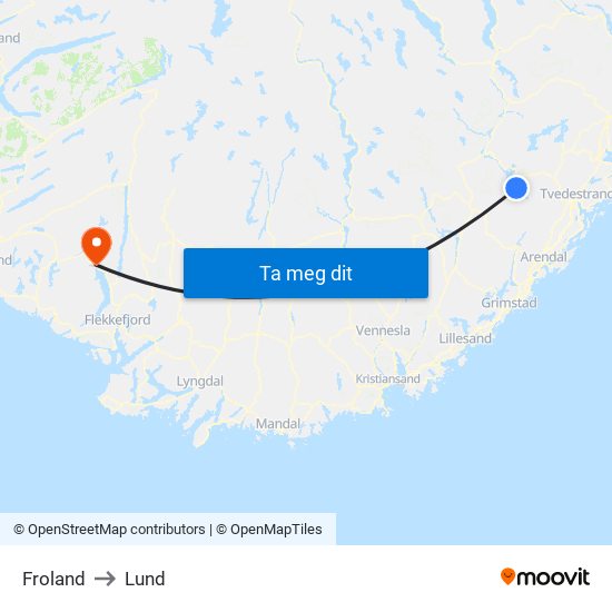 Froland to Lund map