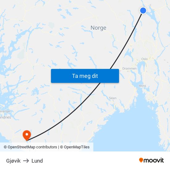 Gjøvik to Lund map
