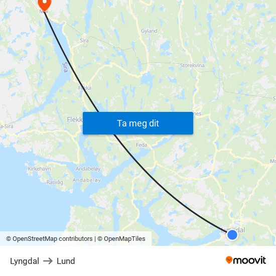 Lyngdal to Lund map