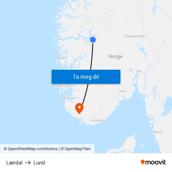 Lærdal to Lund map