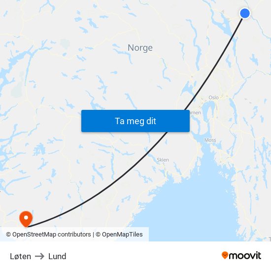 Løten to Lund map