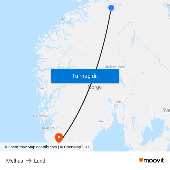 Melhus to Lund map