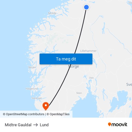 Midtre Gauldal to Lund map