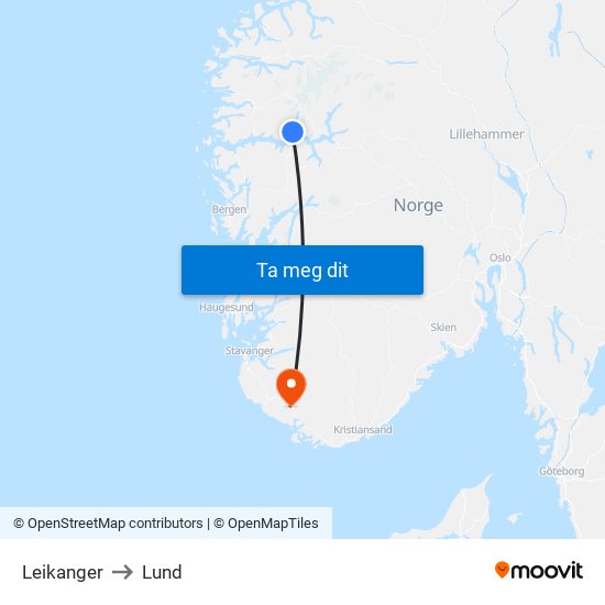 Leikanger to Lund map