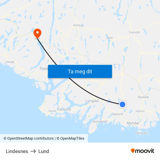 Lindesnes to Lund map