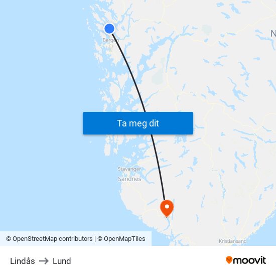 Lindås to Lund map