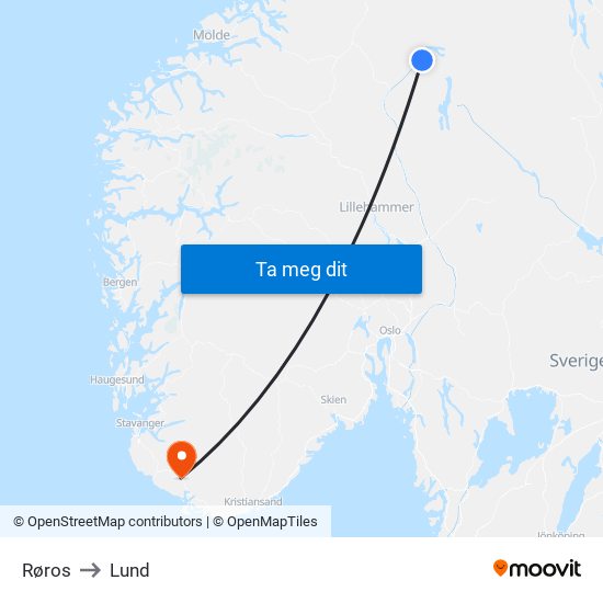 Røros to Lund map