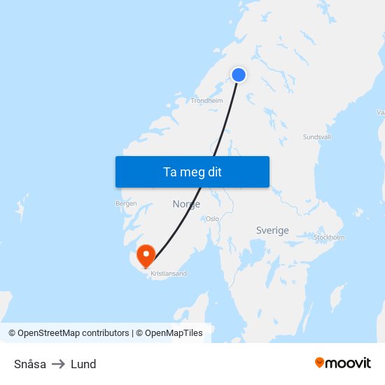 Snåsa to Lund map