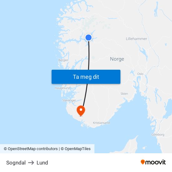 Sogndal to Lund map