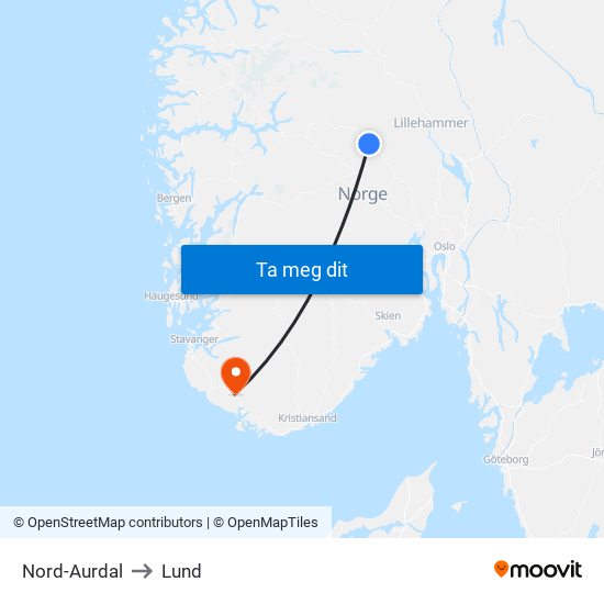 Nord-Aurdal to Lund map