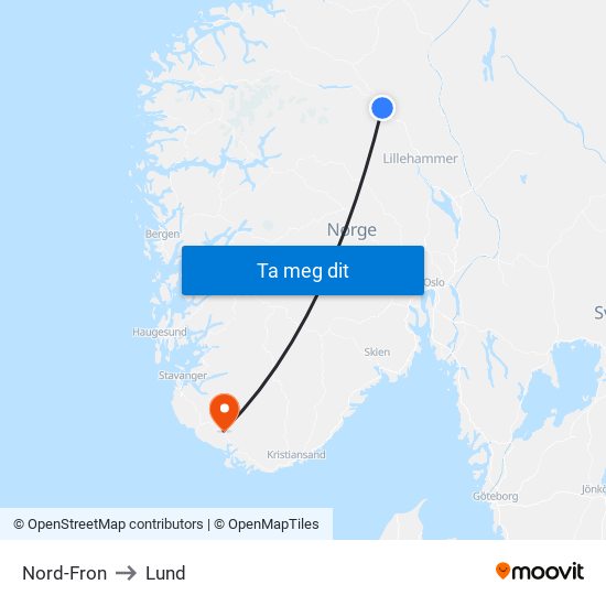 Nord-Fron to Lund map