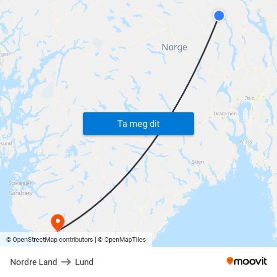 Nordre Land to Lund map