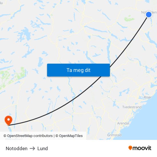 Notodden to Lund map