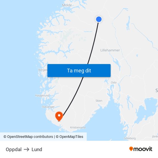 Oppdal to Lund map